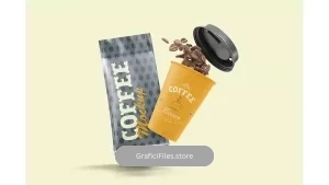 دانلود موکاپ پاکت و لیوان قهوه Metallic Coffee Bag and Cup Mockup