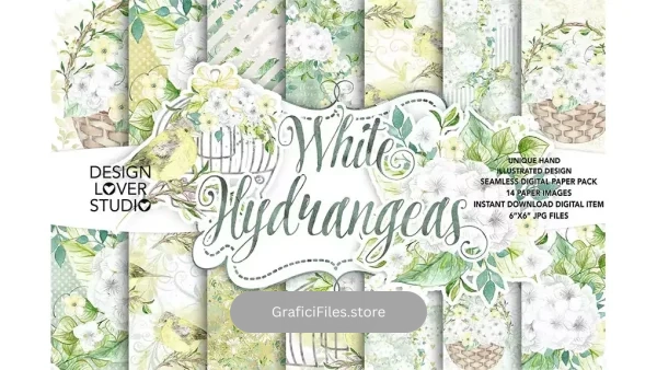 دانلود بک گراند کاغذ دیجیتال Watercolor White Hydrangea digital paper pack