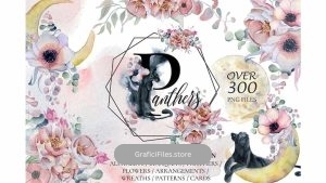 دانلود کلیپ آرت آبرنگی گل Panthers & Floral Watercolor set