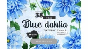 دانلود کلیپ آرت آبرنگی گل کوکب Blue dahlia watercolor PNG clipart