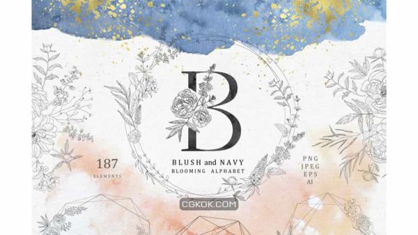 دانلود کلیپ آرت حروف الفبا با حاشیه گل Blush amp Navy Blooming Alphabet