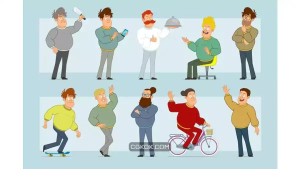 دانلود وکتور مرد چاق خندان Cartoon flat funny fat smiling man character