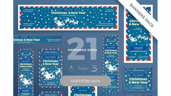 دانلود طرح لایه باز بنر آژانس مسافرتی کریسمس Christmas Travel Agency Banner Pack Template