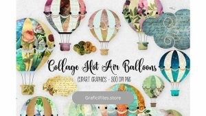 دانلود کلیپ آرت بالن هوایی Collage Hot Air Balloon Clipart