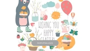 دانلود وکتور حیوانات کارتونی با تم عید پاک Cute cartoon animals with Easter theme. Happy East
