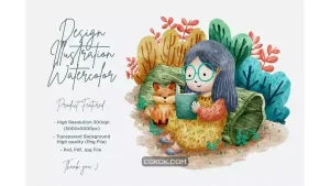 دانلود کلیپ آرت آبرنگی دختر Cute Girl Watercolor Design Illustration