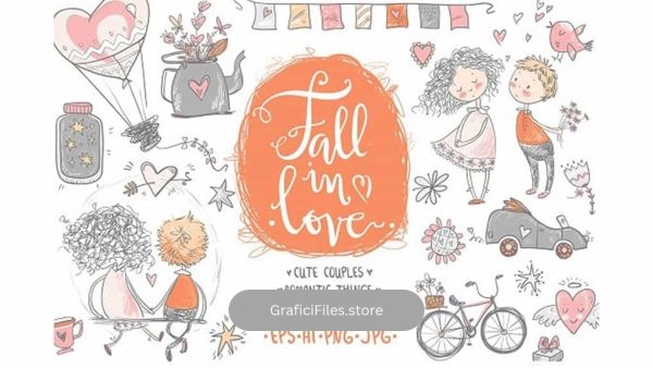 دانلود وکتور و کلیپ آرت گرافیکی Fall In Love, ROMANTIC Graphic KIT