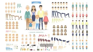 دانلود وکتور اعضا خانواده Family characters set with poses and emotions