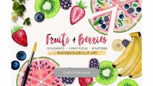 دانلود کلیپ آرت آبرنگی میوه FRUITS BERRIES watercolor set