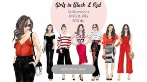 دانلود کلیپ آرت دختر با لباس قرمز و مشکی Girls in Red and Black