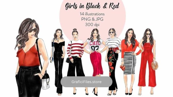 دانلود کلیپ آرت دختر با لباس قرمز و مشکی Girls in Red and Black