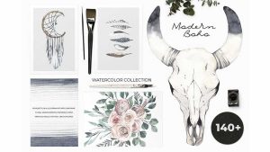دانلود کلیپ آرت آبرنگی رنگ پریده MODERN BOHO: pale watercolor set