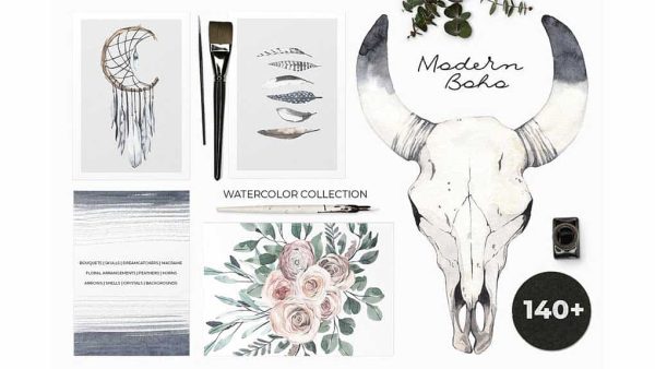 دانلود کلیپ آرت آبرنگی رنگ پریده MODERN BOHO: pale watercolor set