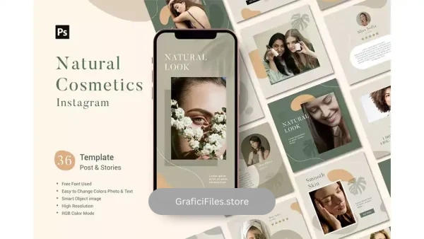 دانلود طرح لایه باز پست و استوری اینستاگرام لوازم آرایشی Natural Cosmetics Template
