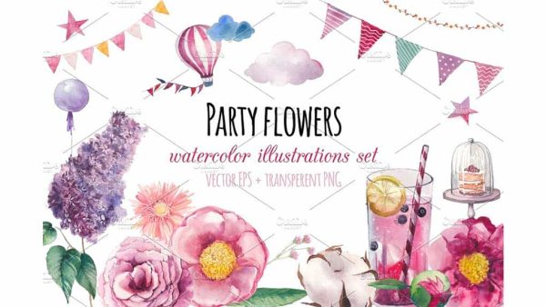 دانلود کلیپ آرت گل آبرنگی Party flowers