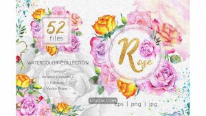 دانلود کلیپ آرت گل رز صورتی Pink Roses Collection Watercolor