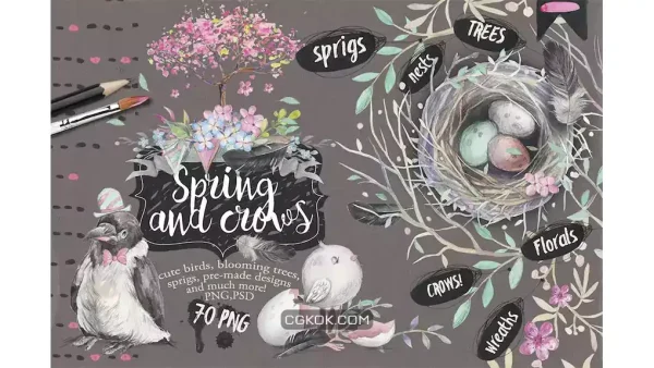 دانلود طرح لایه باز بهار و کلاغ Spring & crows bundle