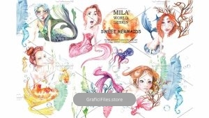 دانلود کلیپ آرت پری دریایی Sweet Mermaids Watercolor Illustrati