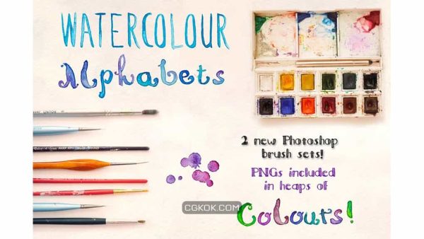 دانلود براش فتوشاپ و ایلستریتور آبرنگی 2 Watercolor Alphabet Brush Sets