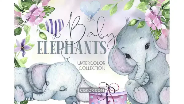 دانلود کلیپ آرت بچه فیل Watercolor Baby Elephants