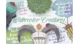 دانلود وکتور و کلیپ آرت موجودات آبرنگی Watercolor Creatures vol. 1