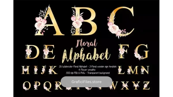 دانلود کلیپ آرت حروف الفبا با گل آبرنگی Watercolor Floral Alphabet