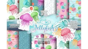 دانلود بک گراند کاغذ دیجیتال عروس دریایی Watercolor Jellyfish digital paper pack