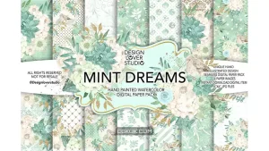 دانلود بک گراند کاغذ دیجیتال نعنا Watercolor MINT DREAM digital paper pack