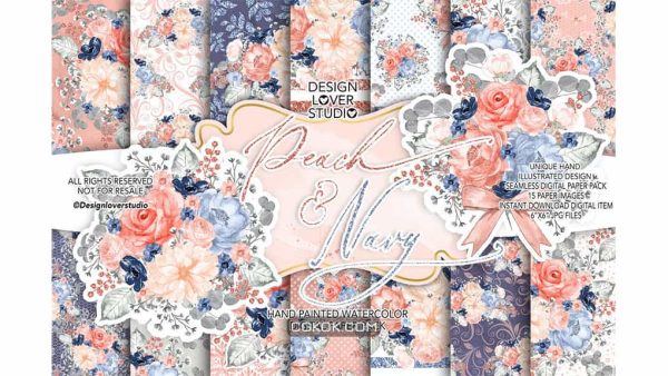 دانلود بک گراند کاغذ دیجیتال Watercolor Peach and Navy digital paper pack
