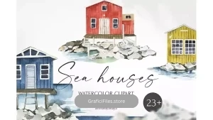 دانلود کلیپ آرت کلبه ساحلی و چشم انداز اقیانوس Watercolor Sea houses clipart. Landscapes, ocean