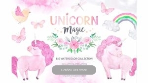 دانلود کلیپ آرت آبرنگی اسب تک شاخ Watercolor Unicorn Design Set