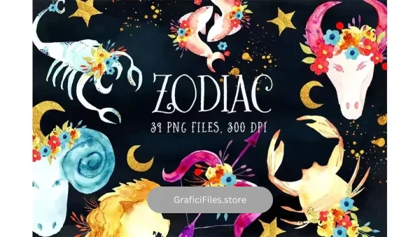دانلود کلیپ آرت آبرنگی Watercolor Zodiac