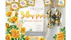 دانلود کلیپ آرت آبرنگی گل رز زرد Yellow Roses PNG watercolor set