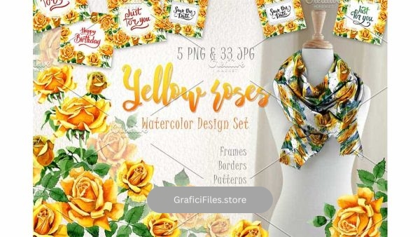 دانلود کلیپ آرت آبرنگی گل رز زرد Yellow Roses PNG watercolor set